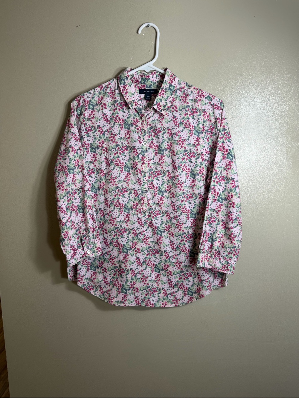 Lands’ End Floral Button Front Cotton Shirt Pink Green 10P Petite
